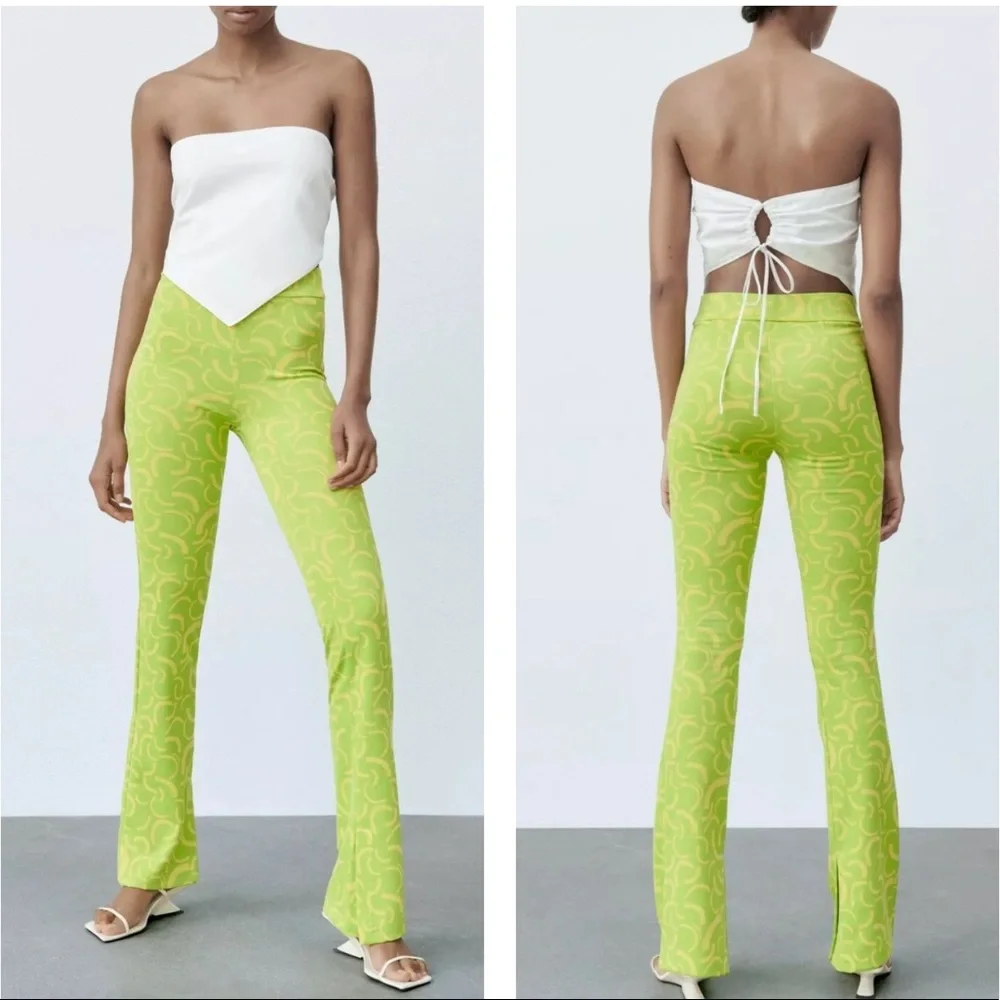 Zara NWT Lime Green & Yellow Knit Flare Jacquard Pant Size Small - Picture 1 of 9